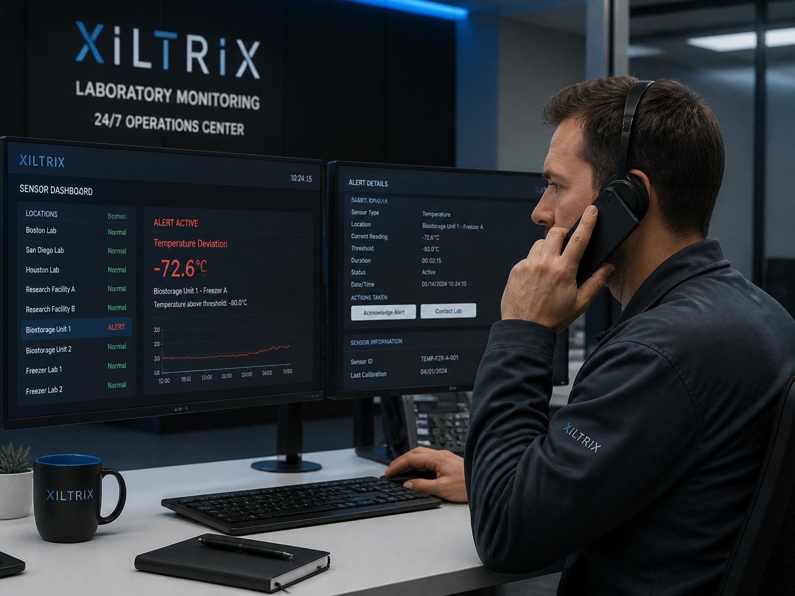 Night-shift monitoring operator at a control desk, headset on, mid-call
