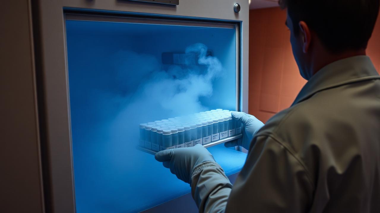 Researcher retrieving samples from an LN2 tank.