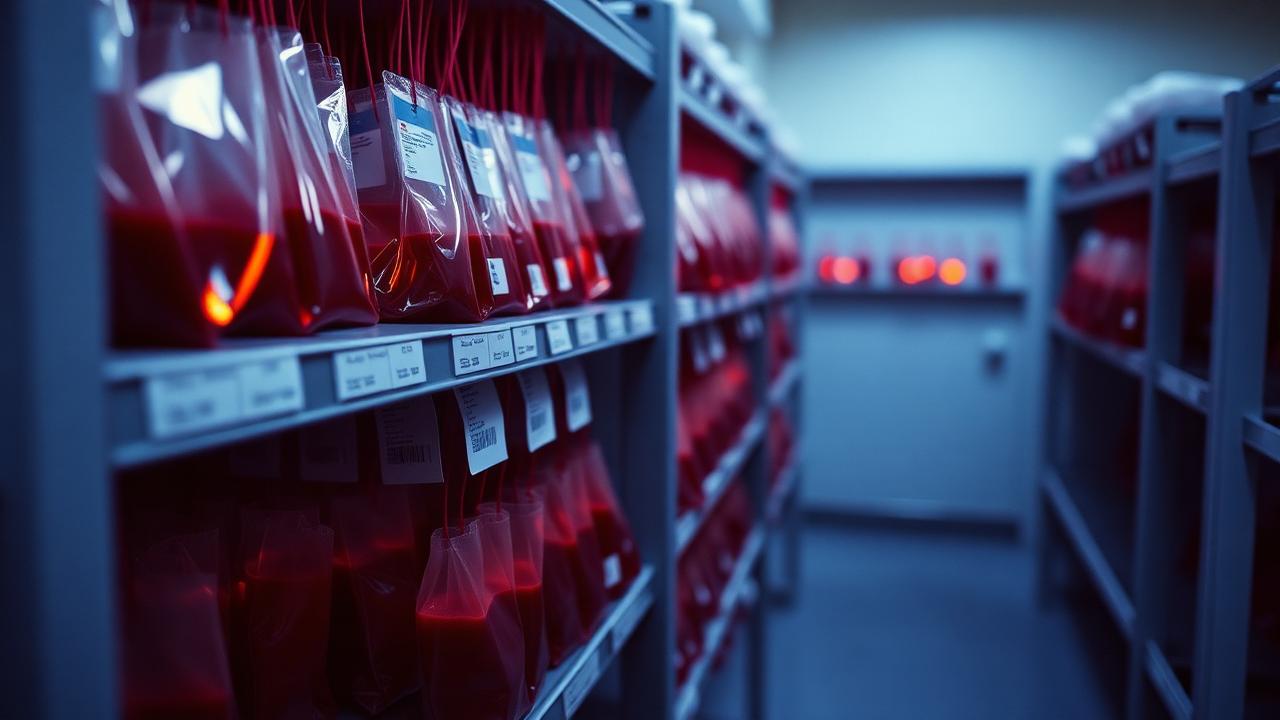 Blood units in cold storage, warm rim light.