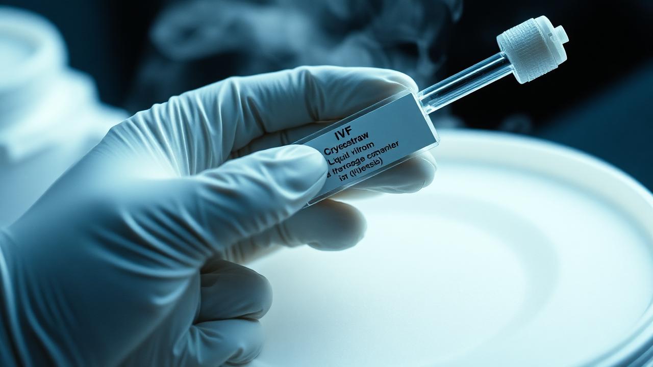 Cryostraw held in gloved hands, close-up.