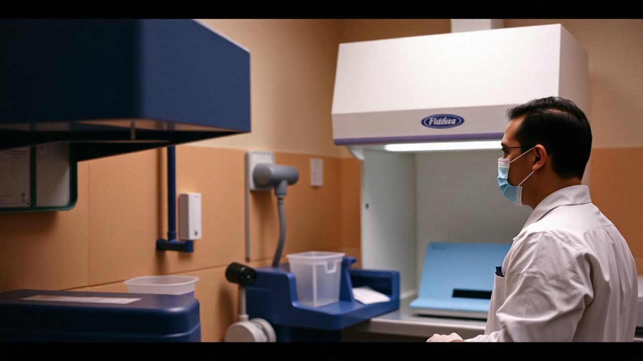 Hospital pharmacy cleanroom, quiet precision.